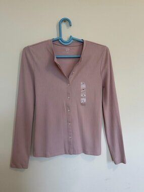 Gap Ribbed Henley Long Sleeve Top Dusty Pink NWT Size M